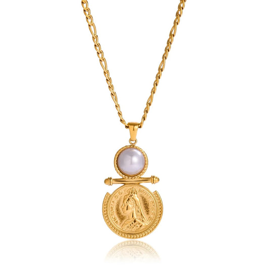 Gold necklace with a coin-shaped pendant and central pearl on a white background