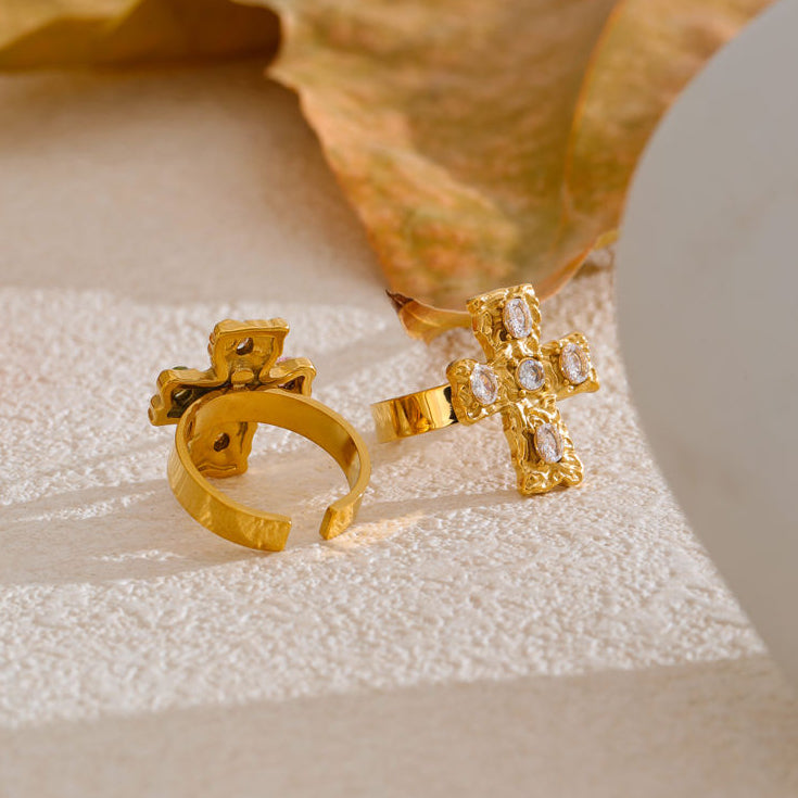 Crystal Crucifix Adjustable Ring