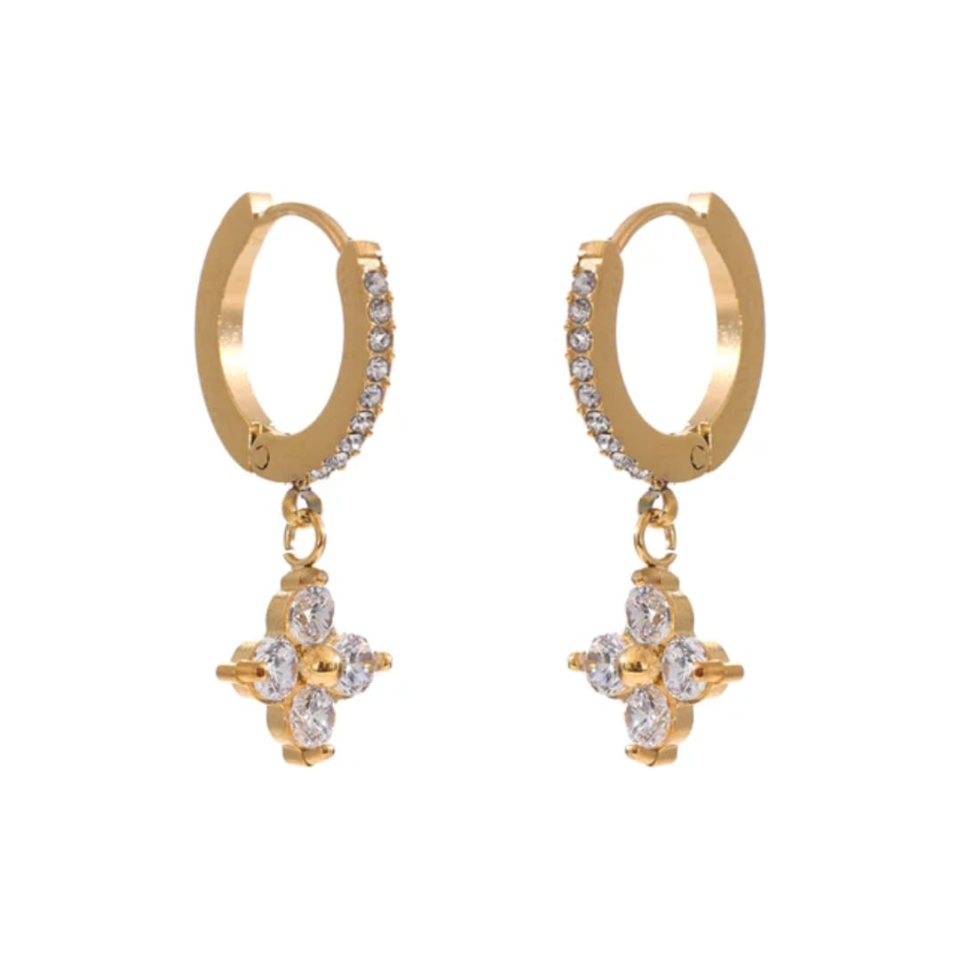 Gold hoop earrings with diamond-like stone pendants on a white background