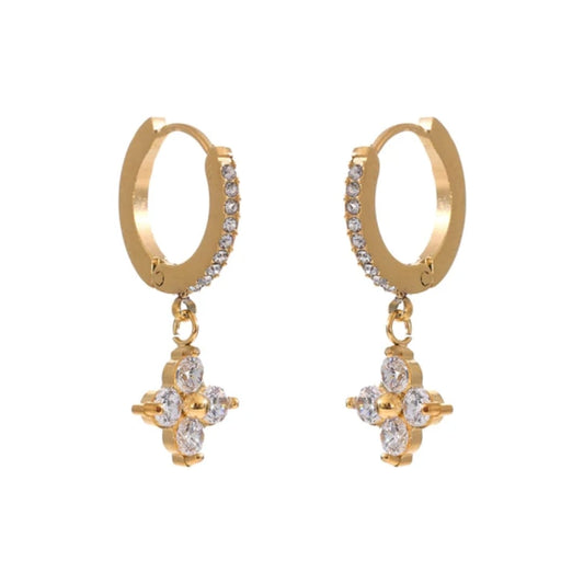 Gold hoop earrings with diamond-like stone pendants on a white background