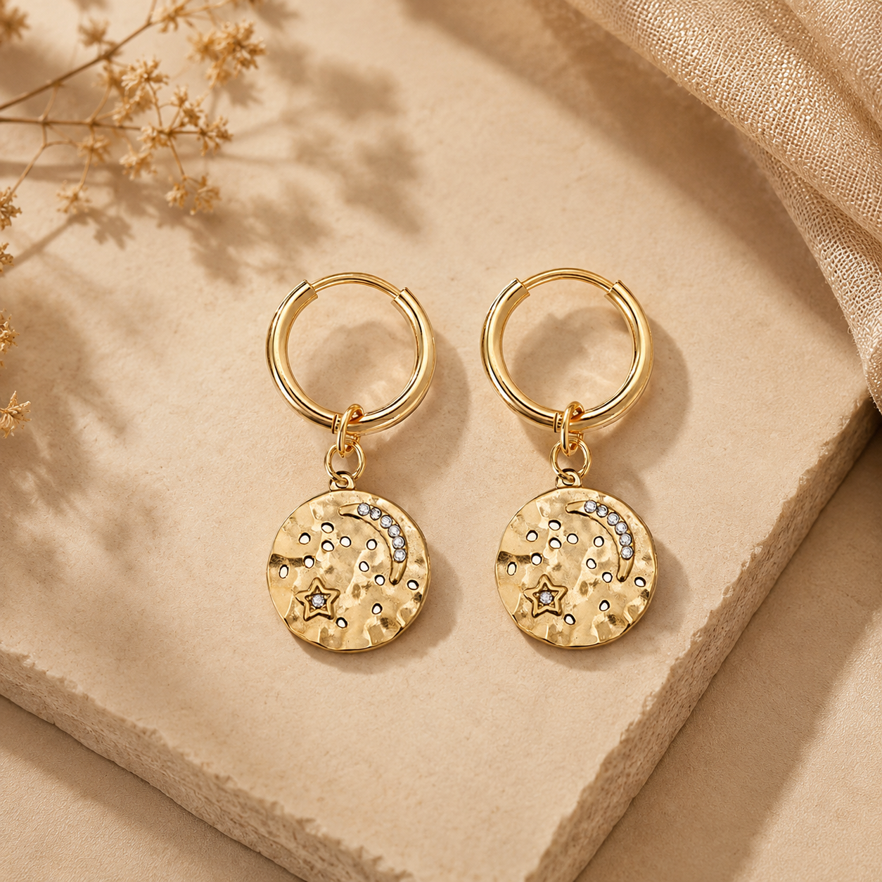Moon Star Hammered Hoops
